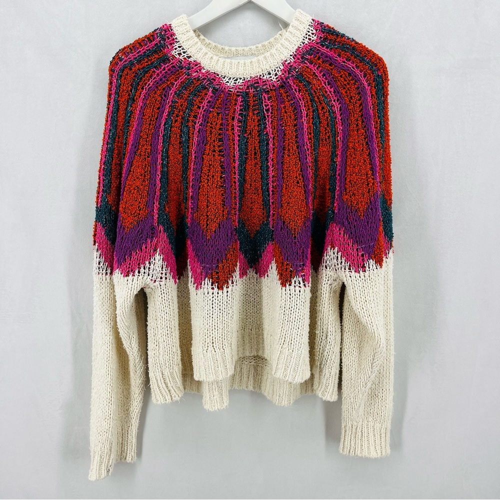 Zara knit women’s size small sweater cream with colorful detail jacquard